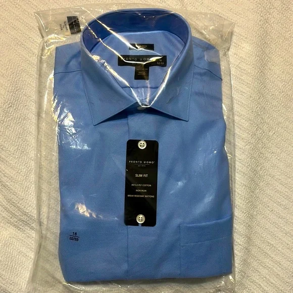 pronto uomo slim fit dress shirt PRONTO UOMO Slim Fit Cotton Dress Shirt Men's 16.5 - 34/35 Blue Plaid Non  Iron